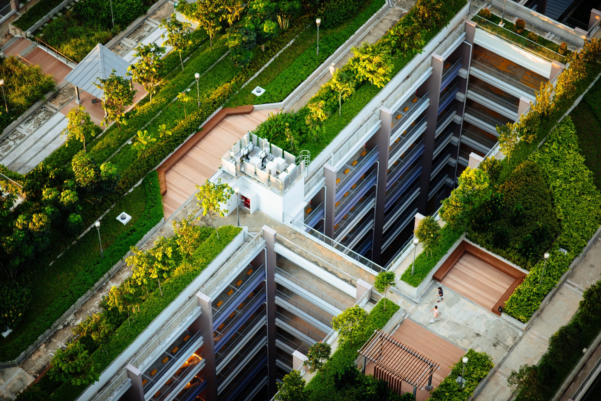 Imagem aérea prédio com terraço com plantas