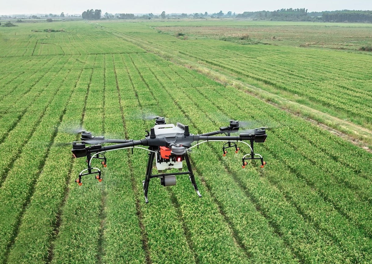 Imagem de um drone sobrevoando uma plantação